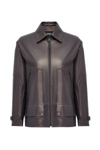 کاپشن چرمی زنانه خاکستری اورسایز یقه پیراهنی Rosalin دری مد