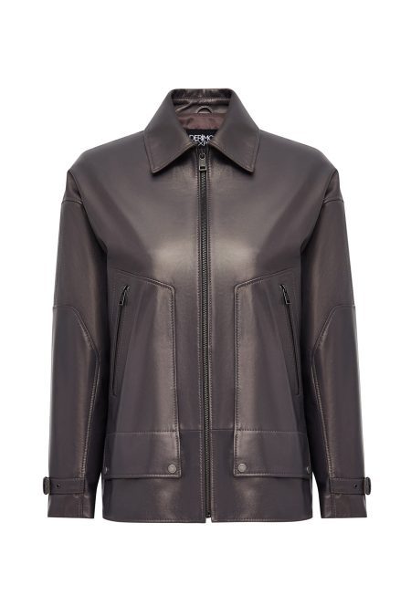 کاپشن چرمی زنانه خاکستری اورسایز یقه پیراهنی Rosalin دری مد