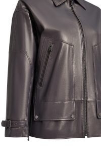 کاپشن چرمی زنانه خاکستری اورسایز یقه پیراهنی Rosalin دری مد