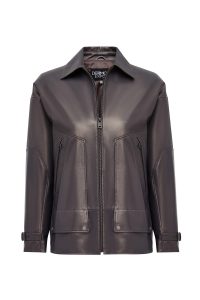 کاپشن چرمی زنانه خاکستری اورسایز یقه پیراهنی Rosalin دری مد