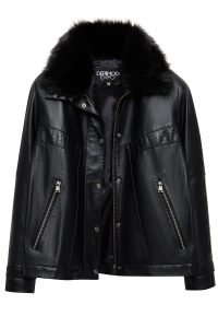 کاپشن چرمی زنانه مشکی اورسایز یقه خزدار Hannah دری مد