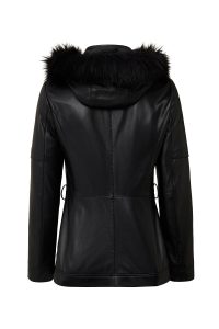 کاپشن چرمی زنانه مشکی کلاه‌دار یقه خزدار Hillary دری مد