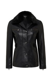 کاپشن چرمی زنانه مشکی یقه خزدار Edith دری مد