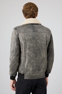 کاپشن چرمی مردانه خاکستری یقه‌دار خزدار خلبانی Hurricane دری مد