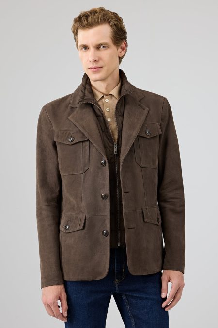 کاپشن چرمی مردانه قهوه‌ای نبوک Sacramento دری مد