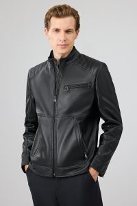 کاپشن چرمی مردانه مشکی یقه دیپلمات کوتاه Tony دری مد