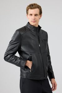 کاپشن چرمی مردانه مشکی یقه دیپلمات کوتاه Tony دری مد