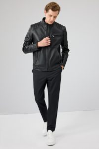 کاپشن چرمی مردانه مشکی یقه دیپلمات کوتاه Tony دری مد