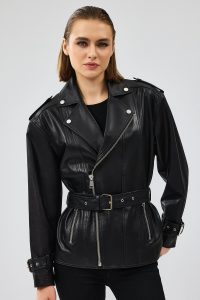 کاپشن چرمی مشکی موتورسواری زنانه با کمربند Zendaya دری مد