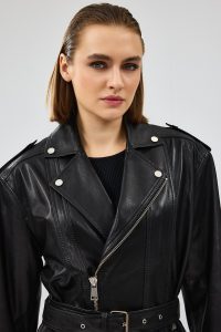 کاپشن چرمی مشکی موتورسواری زنانه با کمربند Zendaya دری مد