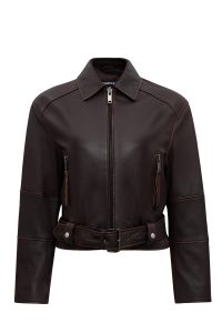 کت زنانه Love چرم قهوه‌ای اورسایز وینتیج یقه‌پیراهنی دری مد