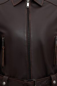 کت زنانه Love چرم قهوه‌ای اورسایز وینتیج یقه‌پیراهنی دری مد