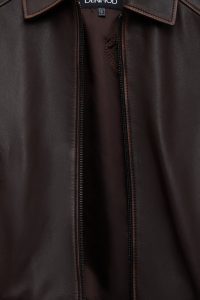 کت زنانه Love چرم قهوه‌ای اورسایز وینتیج یقه‌پیراهنی دری مد