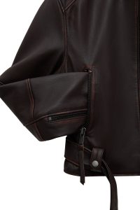 کت زنانه Love چرم قهوه‌ای اورسایز وینتیج یقه‌پیراهنی دری مد