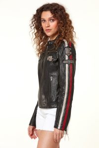 کت چرم اسپرت مشکی آرم دوزی شده زنانه Ladyracer دری مد