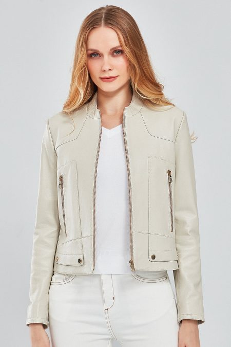 کت چرم بژ زنانه شارون دری مد