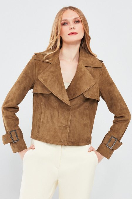 کت چرم جیر خردلی زنانه پورتوفینو دری مد