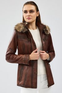 کت چرم زنانه ربکا کلاه دار قهوه ای دری مد