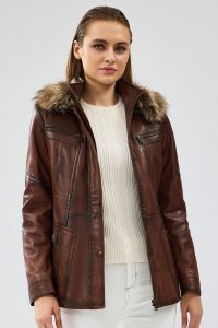 کت چرم زنانه ربکا کلاه دار قهوه ای دری مد