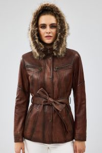 کت چرم زنانه ربکا کلاه دار قهوه ای دری مد