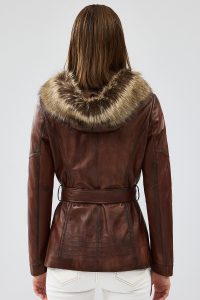 کت چرم زنانه ربکا کلاه دار قهوه ای دری مد