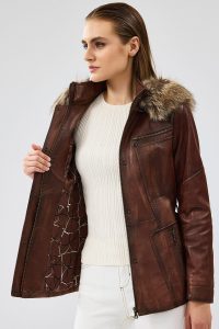 کت چرم زنانه ربکا کلاه دار قهوه ای دری مد