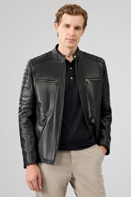 کت چرم یقه استند مشکی مردانه مورانت دری مد