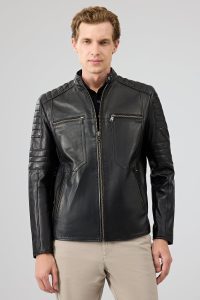 کت چرم یقه استند مشکی مردانه مورانت دری مد