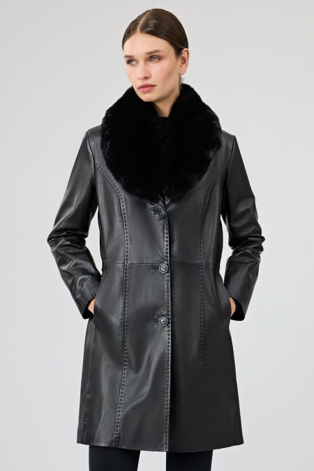 کت چرمی بلند خز مشکی زنانه کریستینا دری مد