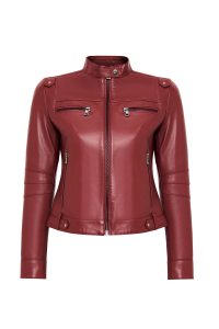 کت چرمی زنانه بورگوندی یقه ایستاده کوتاه Vicky دری مد