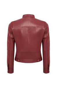 کت چرمی زنانه بورگوندی یقه ایستاده کوتاه Vicky دری مد