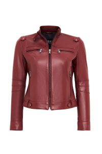 کت چرمی زنانه بورگوندی یقه ایستاده کوتاه Vicky دری مد