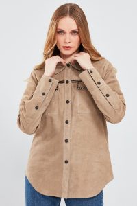 کت چرمی زنانه بژ مدل پیراهنی جیر Amalfi دری مد