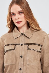 کت چرمی زنانه بژ مدل پیراهنی جیر Amalfi دری مد