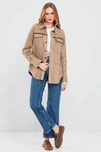 کت چرمی زنانه بژ مدل پیراهنی جیر Amalfi دری مد