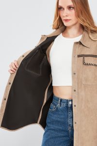 کت چرمی زنانه بژ مدل پیراهنی جیر Amalfi دری مد