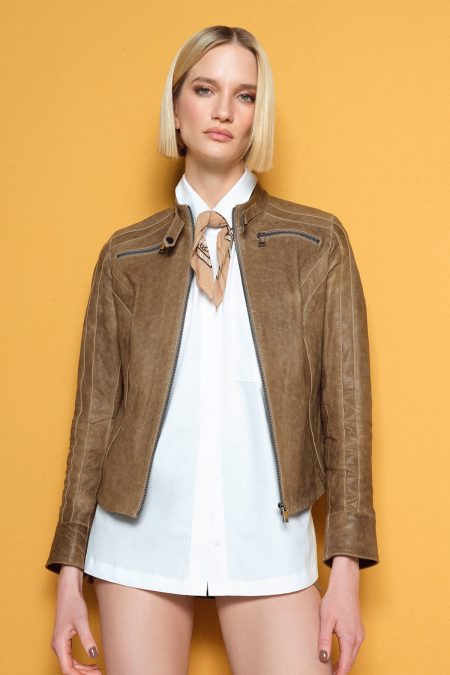 کت چرمی زنانه خاکستری روشن کوتاه Brazil دری مد