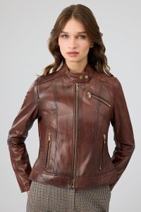 کت چرمی زنانه قهوه ای یقه ایستاده Kylie دری مد