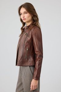 کت چرمی زنانه قهوه ای یقه ایستاده Kylie دری مد