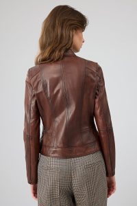 کت چرمی زنانه قهوه ای یقه ایستاده Kylie دری مد
