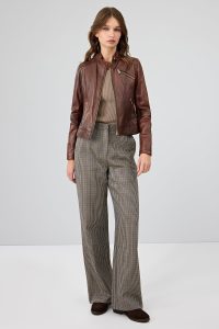 کت چرمی زنانه قهوه ای یقه ایستاده Kylie دری مد