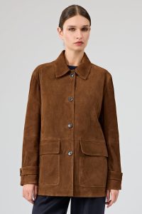 کت چرمی زنانه قهوه‌ای اورسایز جیر یقه پیراهنی Petra دری مد