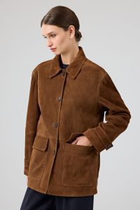 کت چرمی زنانه قهوه‌ای اورسایز جیر یقه پیراهنی Petra دری مد