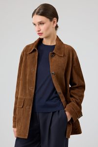 کت چرمی زنانه قهوه‌ای اورسایز جیر یقه پیراهنی Petra دری مد