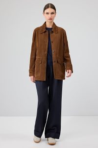 کت چرمی زنانه قهوه‌ای اورسایز جیر یقه پیراهنی Petra دری مد