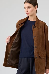 کت چرمی زنانه قهوه‌ای اورسایز جیر یقه پیراهنی Petra دری مد