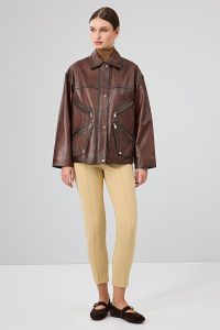 کت چرمی زنانه قهوه‌ای اورسایز یقه پیراهنی Claris دری مد
