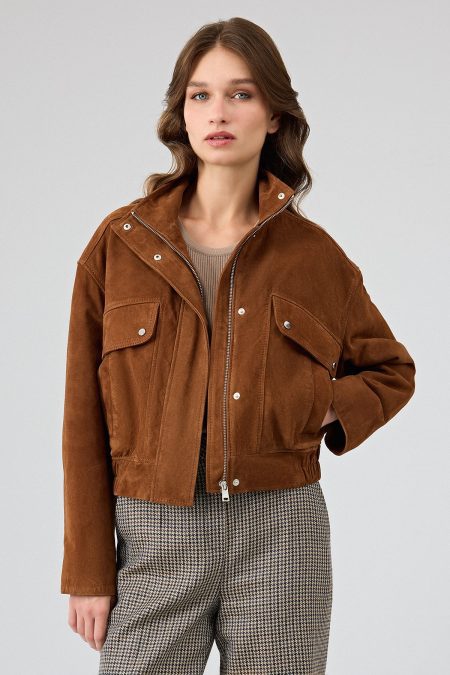 کت چرمی زنانه قهوه‌ای کوتاه اورسایز جیر Anita دری مد