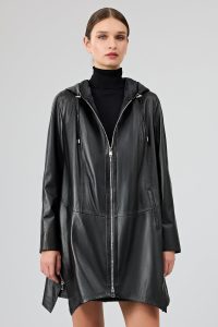 کت چرمی زنانه مشکی اورسایز کلاه‌دار Daniela دری مد