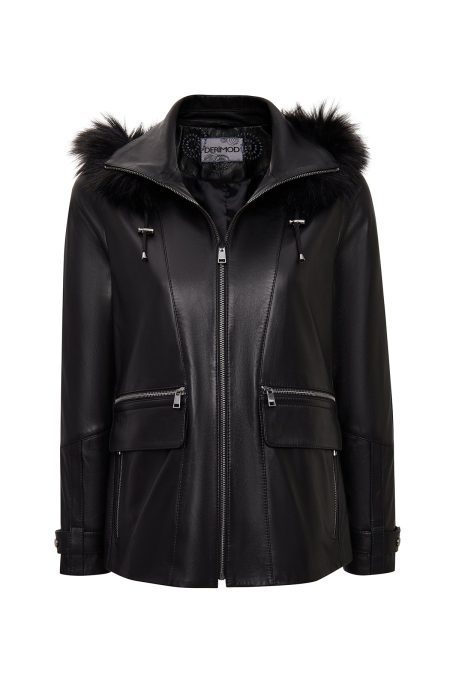 کت چرمی زنانه مشکی اورسایز کلاه‌دار یقه خزدار Chantal دری مد